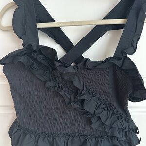 Maeve by Anthropologie Black Smocked Ruffled Cross-Back Top Size Small